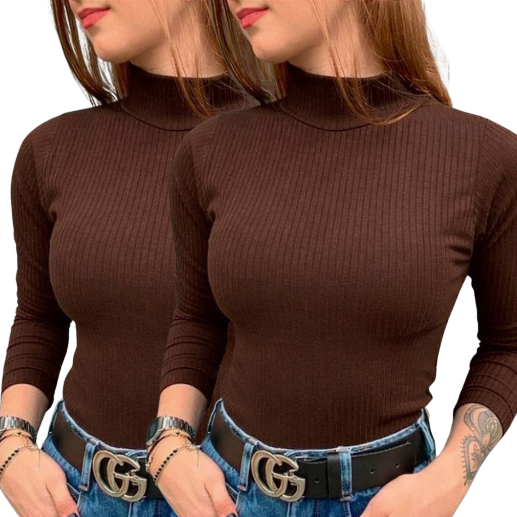 Blusa CACHARREL Gola Alta Feminina Modelo CANELADO, Moda Outono Inverno