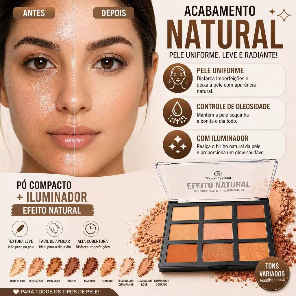 Paleta Pó Compacto + Iluminador Efeito Natural Maquiagem Profissional Contorno Facial