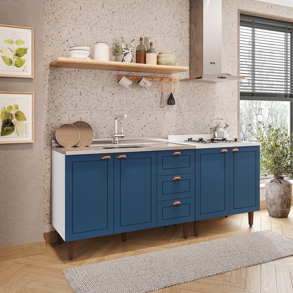 Cozinha Pérola 2 Peças Balcão 2 Gavetas 3 Portas e Balcão 2 Portas Yescasa Azul/Branco Azul/Branco