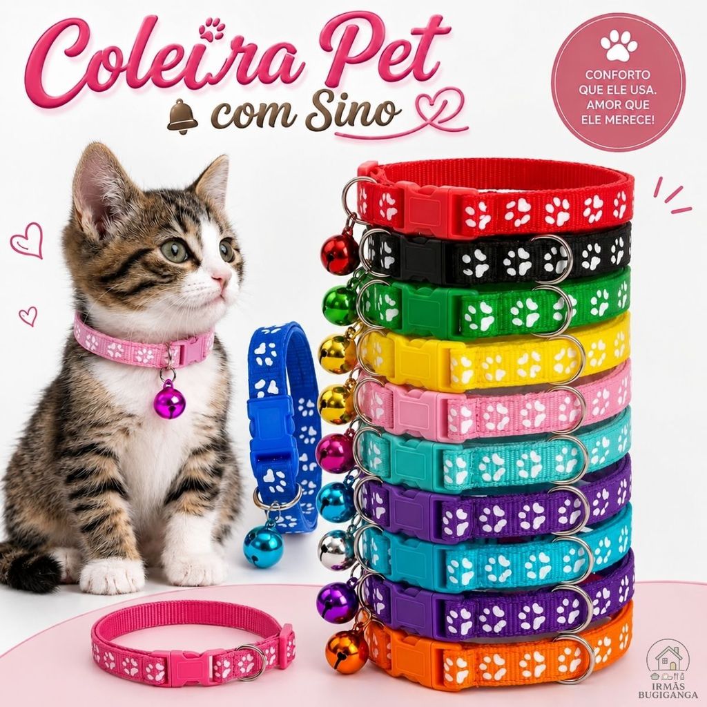 Kit 1 a 10 Coleira Pet Ajustável com Sino Gato e Cachorro Nylon Colorida Segurança Anti-Fuga