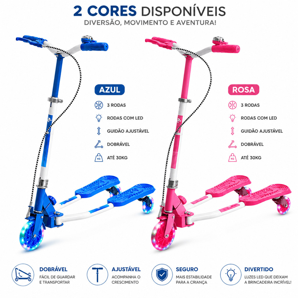 Patinete Infantil 3 Rodas Dobrável Led Guidão Ajustável  Diversão Ao Ar Livre Crianças Movimento Coordenação Motora
