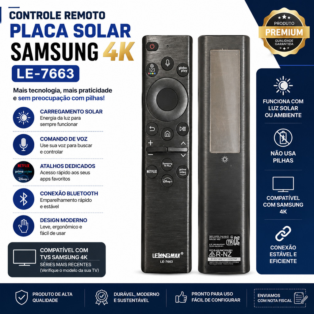 Controle Remoto Solar Samsung 4K Smart TV Bluetooth Voz LE-7663 Sem Pilhas Premium