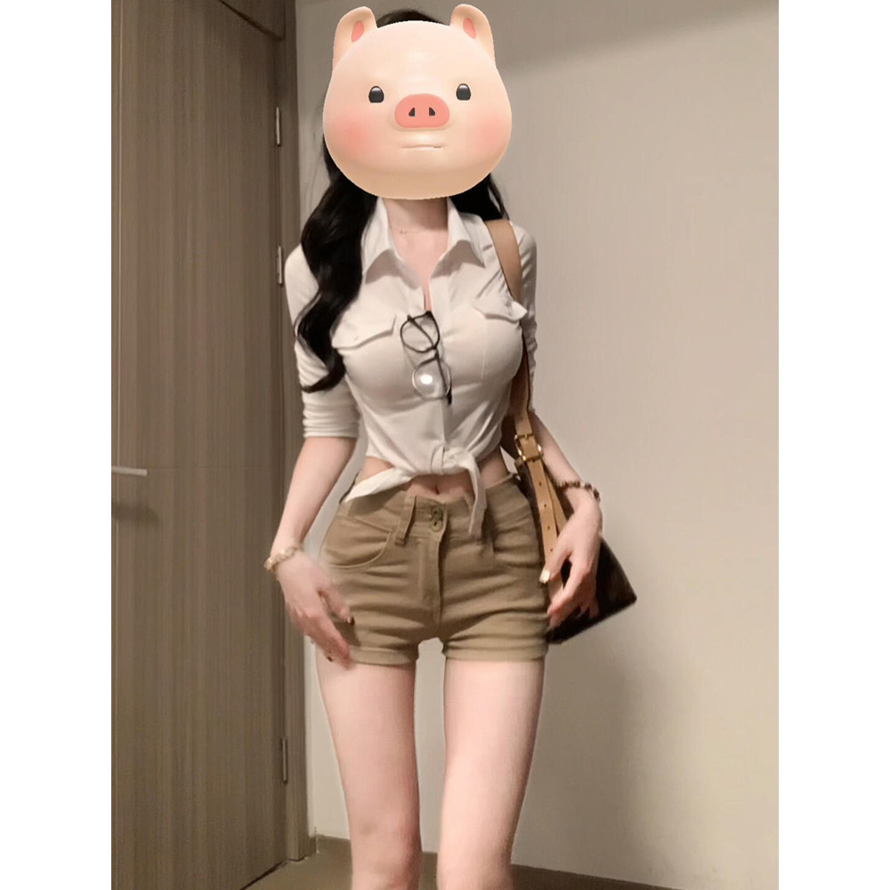 Puro desejo estilo quente menina camisa de cintura estreita feminina verão Sexy camisa curta branca irmã real topo cáqui
