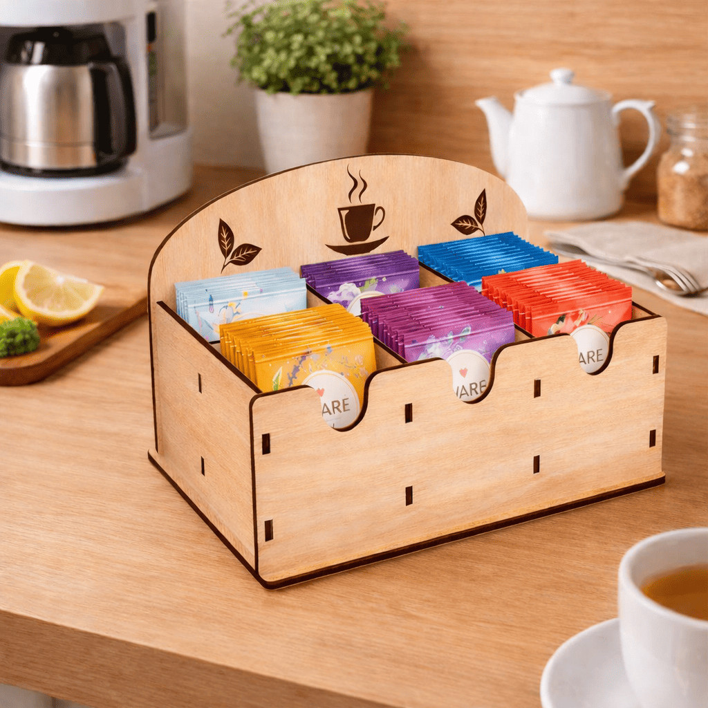 Porta Chá de MDF Organizador para Sachês – Caixa Porta Chá com Divisórias – Suporte Decorativo para Cozinha e Café