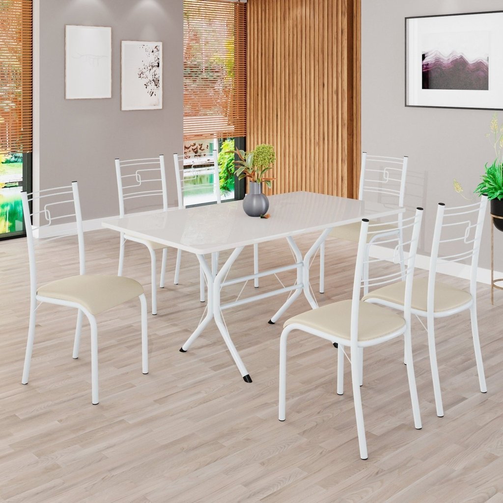 Conjunto Sala de Jantar Mesa Retangular 140x75cm Tampo Madeira Mdp Off White 6 Cadeiras Paraty Creme/Branco
