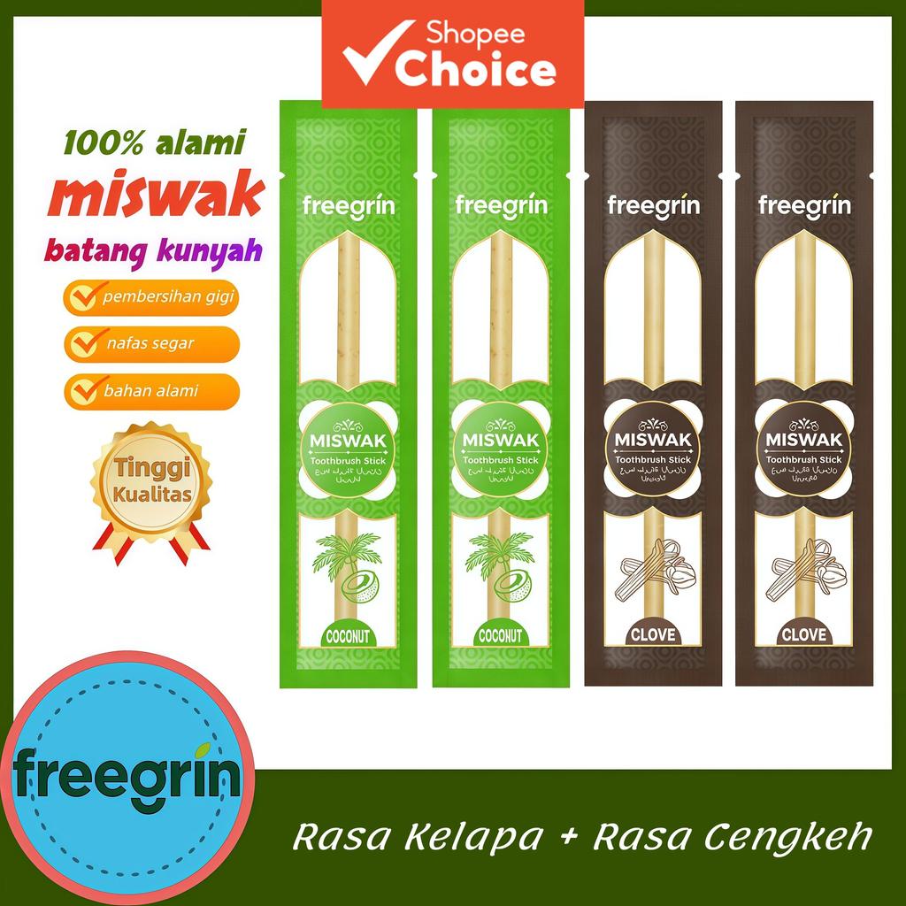 Freegrin Miswak Stick 4 Pacotes | 2 Sabores Coco + 2 Cravo | Siwak 100% Natural | Higiene Bucal Sunnah | Hálito Fresco