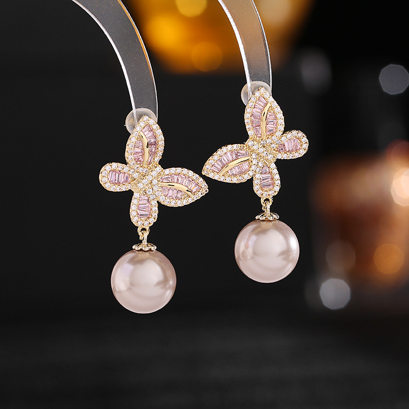 Brincos de moda elegante s925 prata agulha incrustada zircão senhoras jóias brincos borboleta pérola brincos