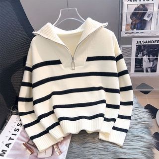 Suéter feminino outono inverno roupas espessadas jogo interno 2026 novo estilo zíper listrado camisa de fundo estilo cur