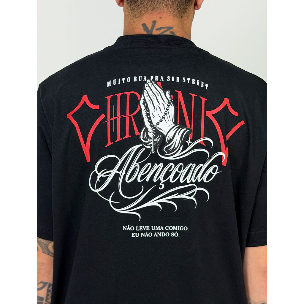 [Camiseta Premium em Algodão Puro]VU Camiseta Chronic Tag Abençoado Amém Fé! - Preta
