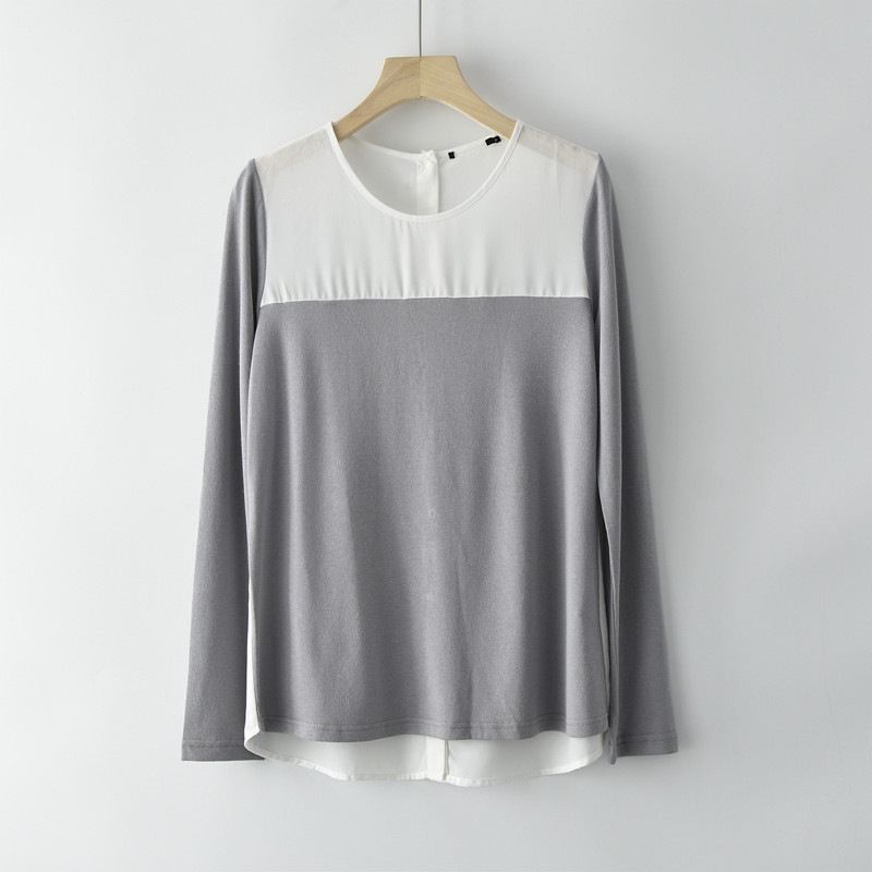 Chiffon costura camiseta de manga comprida primavera europeu americano comércio exterior roupas femininas soltas mais ma