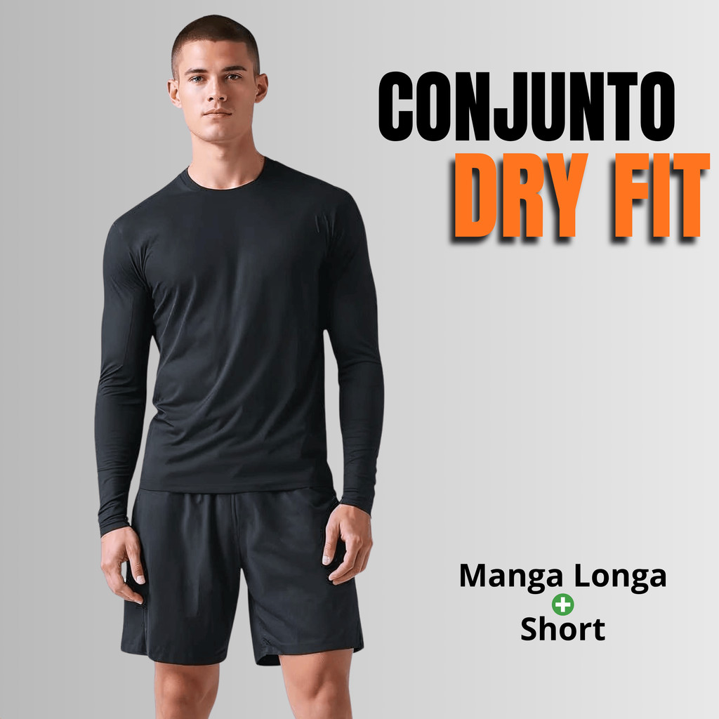 Conjunto Camiseta Masculina Manga Longa Dry Fit + Short Academia Fitness Treino Esportivo Premium