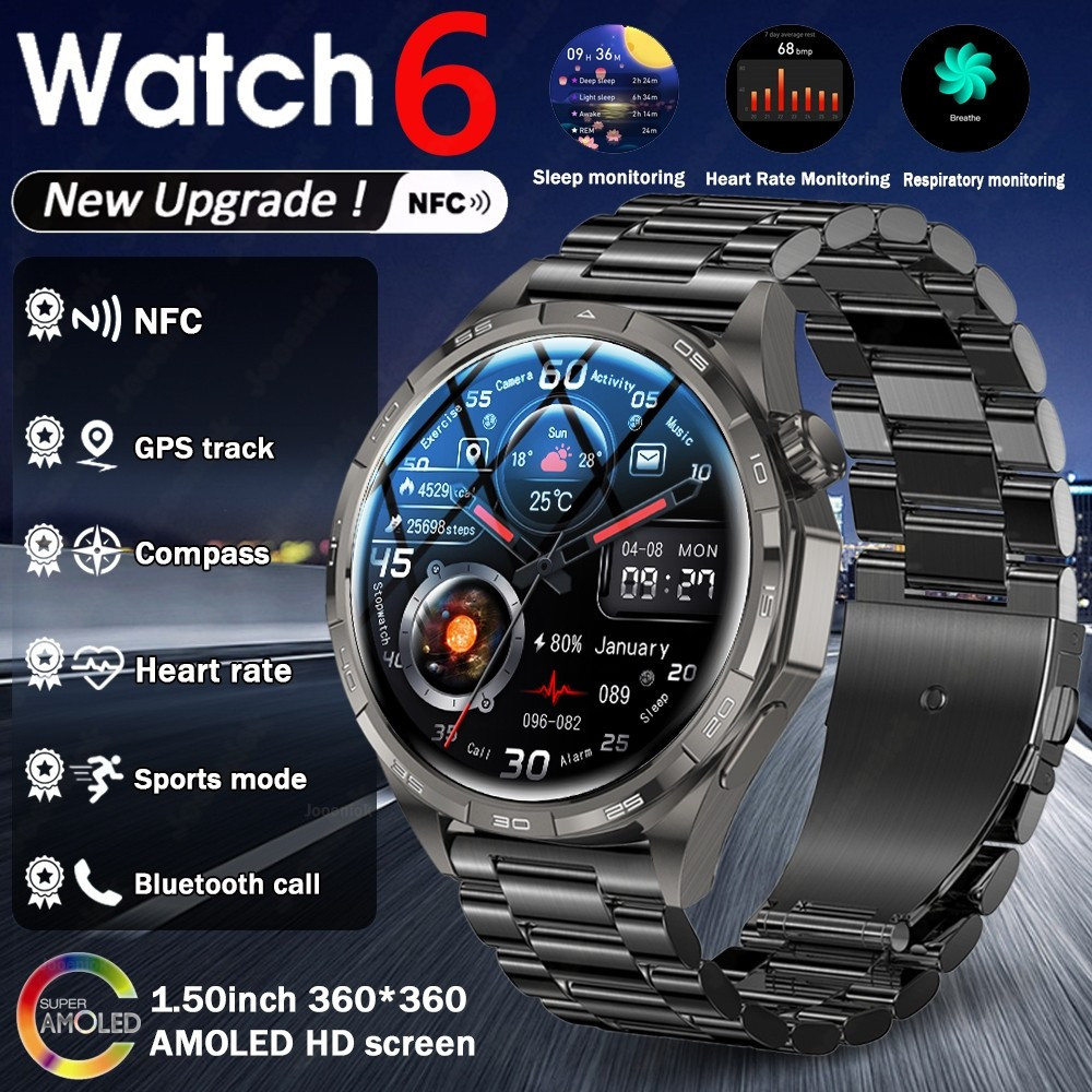 Novo Watch6 Pro GPS Bússola Smartwatch Relógio Inteligente Masculino 360 * 360 Tela AMOLED NFC Monitoramento De Saúde Ch