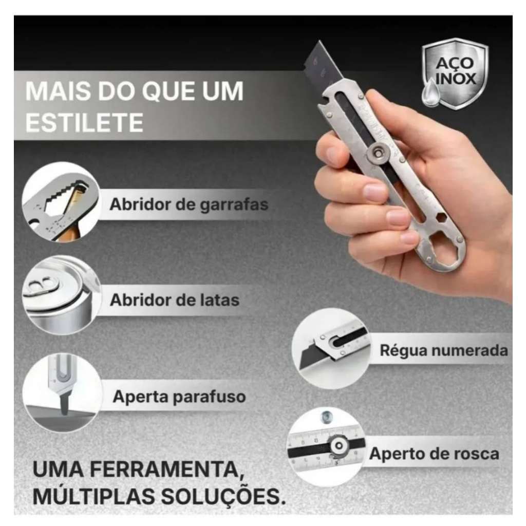 Estilete Profissional Com Trava Aço Inox Maciço Com Régua Abridor Chave Universal - Aries Shop
