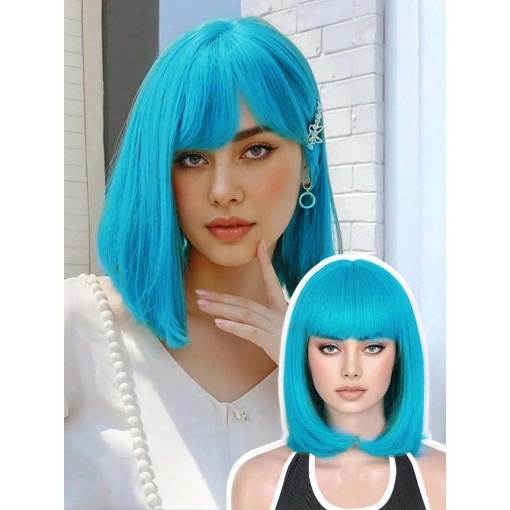 TOP HAIR MAYA-85C Peruca Azul Bob Curta com Franja Fibra Premium Macia Cosplay Anime Festa Pronta Entrega 