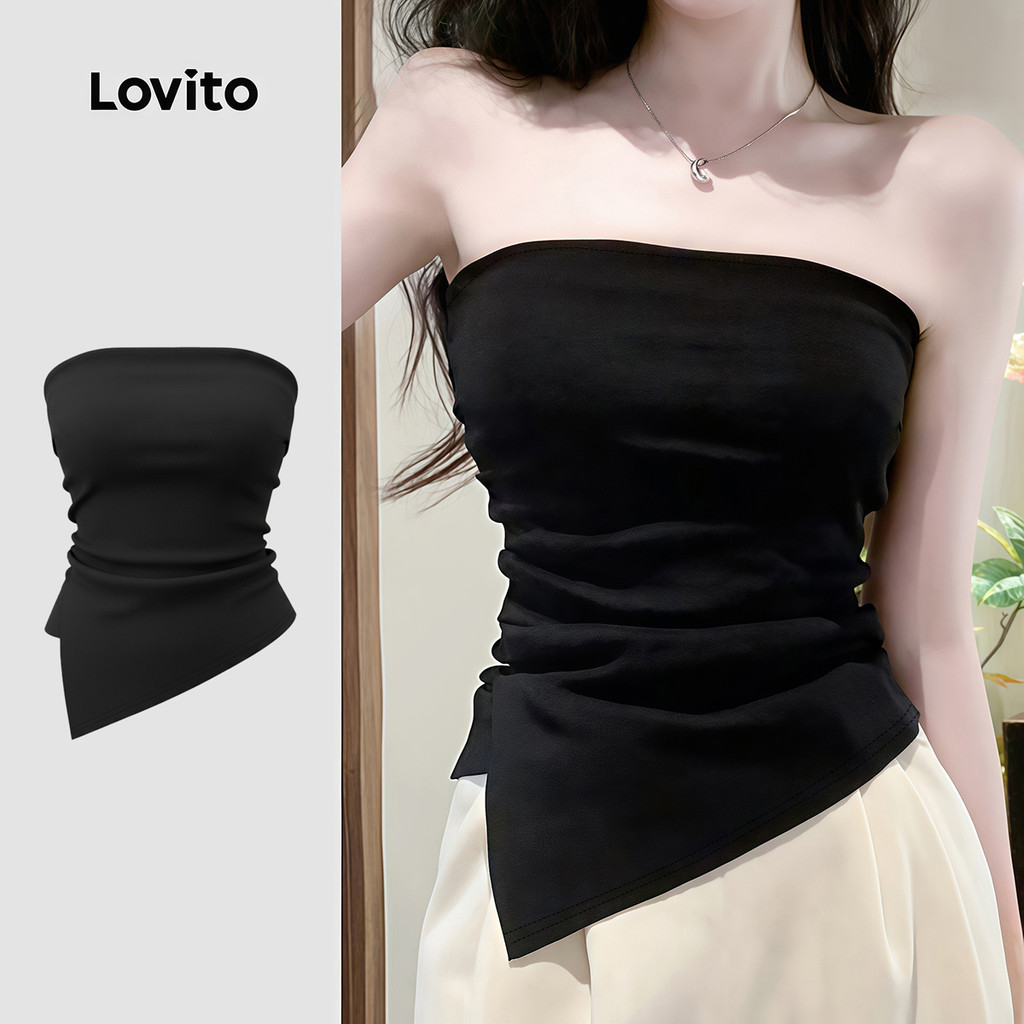 Lovito Casual Top Assimétrico com Fenda Primavera/verão Preto Top para Mulheres LK4LD2638