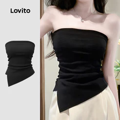 Lovito Casual Top Assimétrico com Fenda Primavera/verão Preto Top para Mulheres LK4LD2638