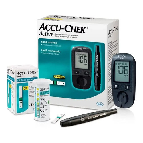 Aparelho De Medir Glicose Diabetes Kit Accuchek Active Compl Preto