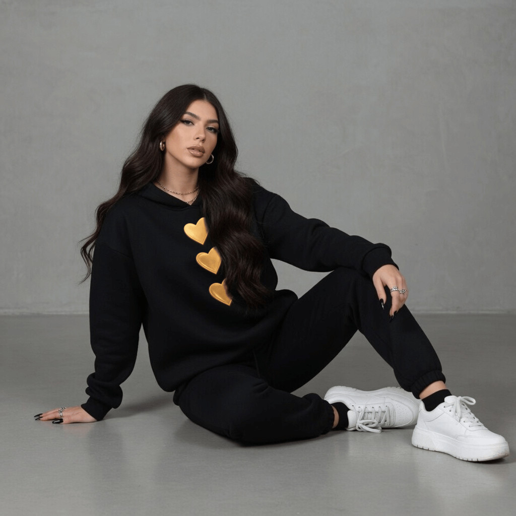 Detalhes do Conjunto Feminino de Moletom Canguru Calça Kit Estampada Coração Dourado 100% Algodão Blusa De Frio Capuz Cadarço Bolso