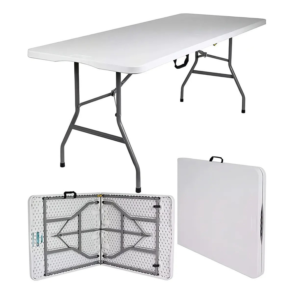 Mesa Dobravel Vira Maleta Com Alça Portatil 1,80m Churrasco Cor Branco