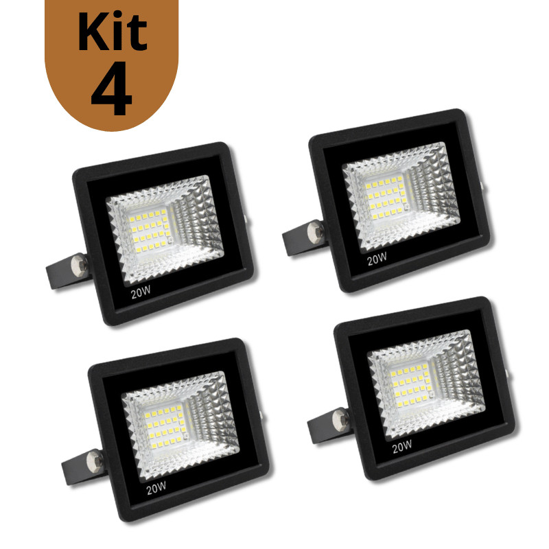 Kit 4 Refletor de LED Holofote Luminária 20w Potente Branco frio Bivolt ip66 com Sensor de Presença