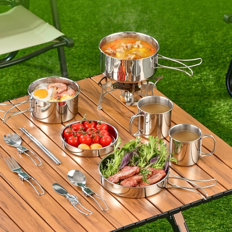 Kit de panelas aço inox Compactas para Camping trekking panelas pescaria Completo Portátil Pesca mochilão com canecas
