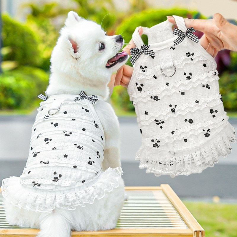 Adorável Vestido Branco Preto Com Estampa Floral Para Cachorro Acabamento Em Renda E Laço – Roupa Perfeita De Verão Raça