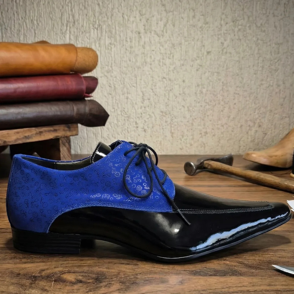 Sapato Social Masculino Couro Floral Azul E Preto Verniz