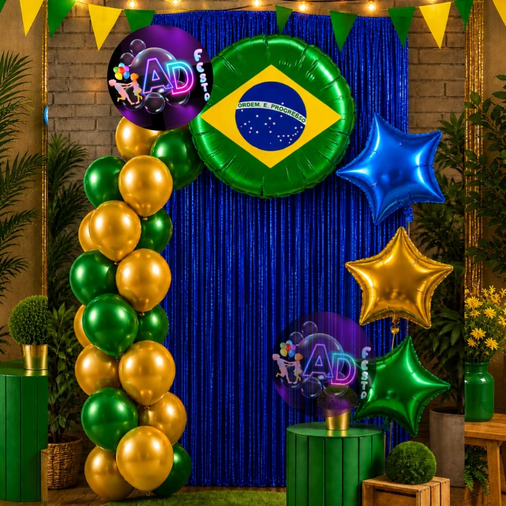 Kit Decoração Cortinas + Balão Brasil  + 10 Bexigas Látex + 3 Balões Estrela, Copa do mundo hexa 2026, Brazil