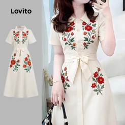 Lovito Vestido Casual com Botões Na Frente e Cinto para Mulheres primavera/verão LBL35119