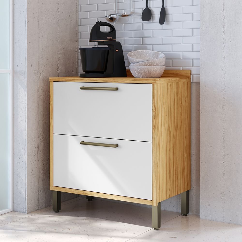 Balcão de Cozinha 80cm com 1 Porta Basculante 1 Gavetão e Tampo 100% MDF Vicenza Espresso Móveis Branco/Amêndoa