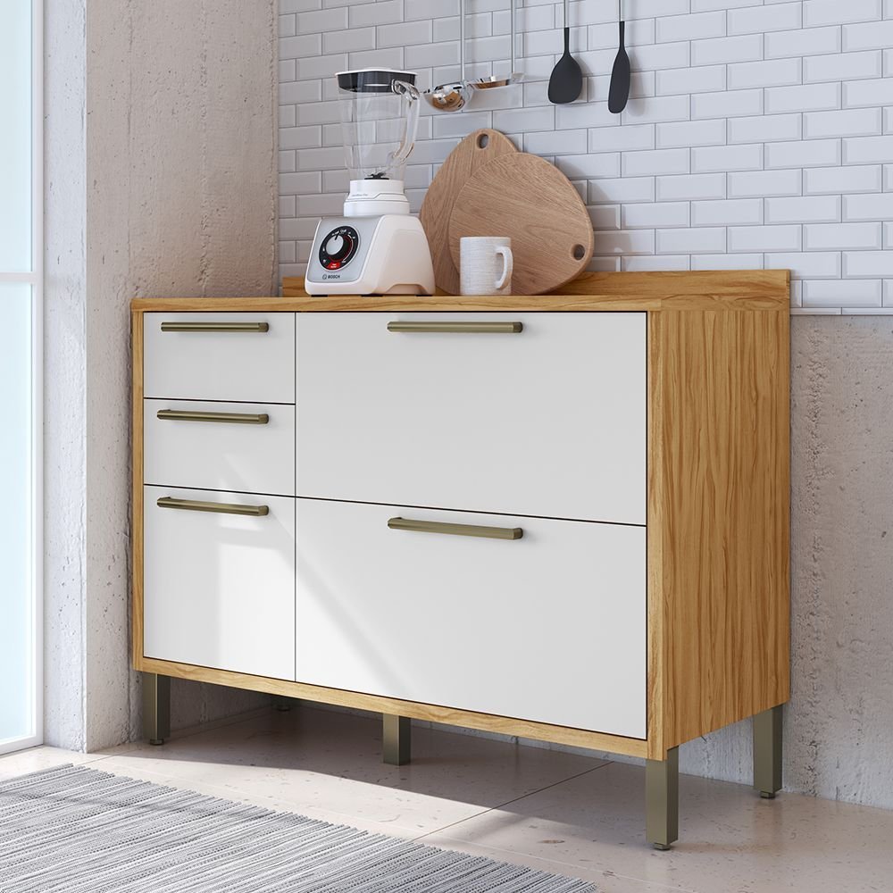Balcão de Cozinha 120cm com 2 Portas Basculantes 3 Gavetas e Tampo 100% MDF Vicenza Espresso Móveis Branco/Amêndoa