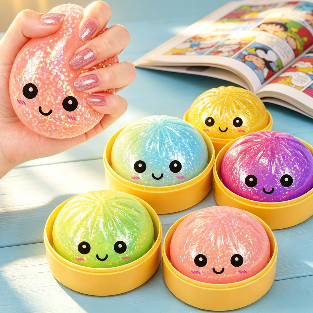 Siopao Brinquedo Arco-Íris Glitter Bolinho Mole Lodo Portátil
