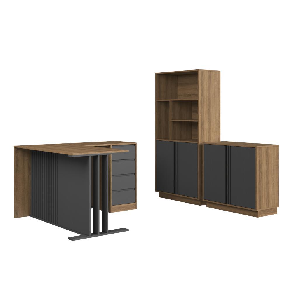 Conjunto de Escritório 3 Peças Mesa L, Armário Alto e Balcão CM4080 Cor Mel/Grafite - FAEMA Móveis