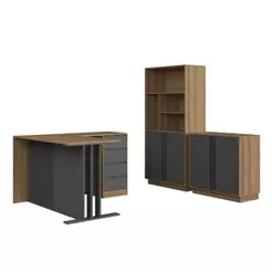Conjunto de Escritório 3 Peças Mesa L, Armário Alto e Balcão CM4080 Cor Mel/Grafite - FAEMA Móveis