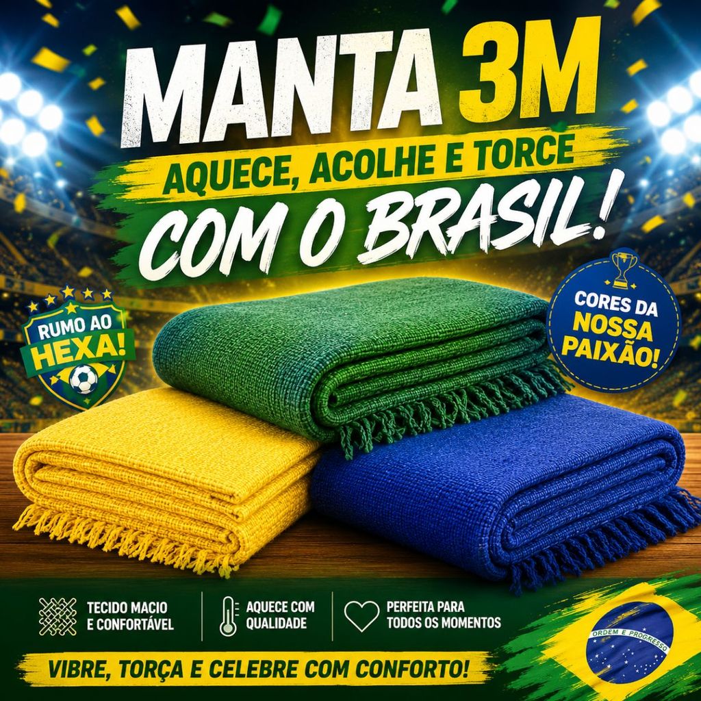 Manta Copa do Mundo para Sofá 3 Metros Verde Amarelo Azul Confortável e Moderna para Sofá Sala e Quarto