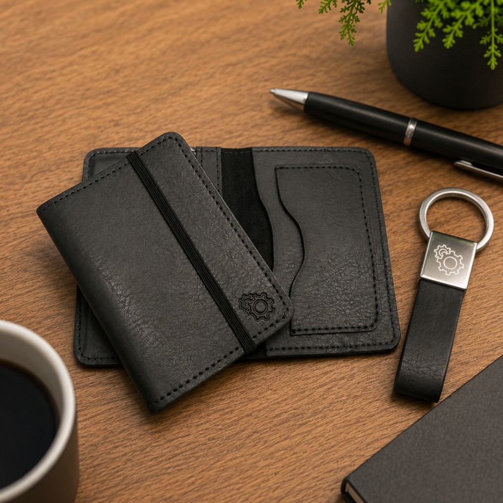Kit Carteira de Couro Ecológico Masculina + Chaveiro Engrenagem Couro Preto