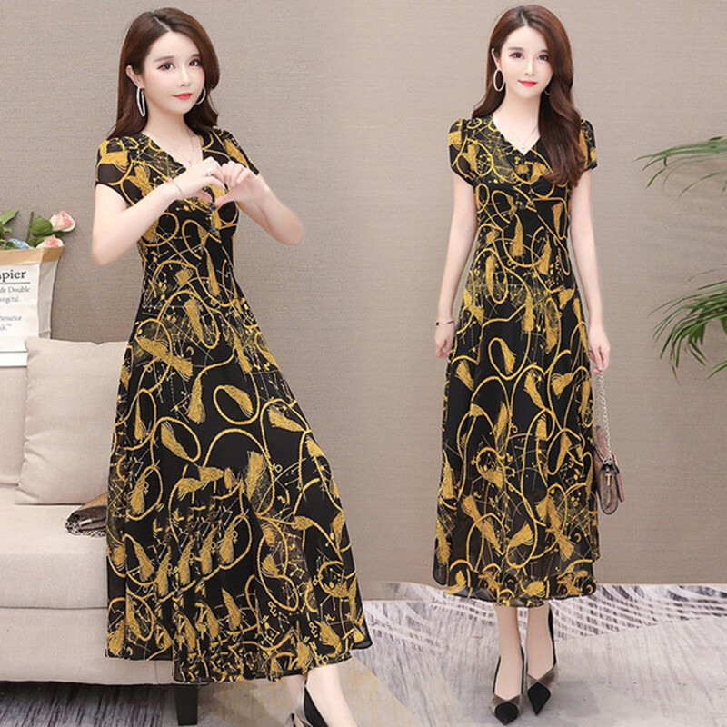 W largo senhora vestido feminino novo estilo elegante redução de idade vestido mãe de meia-idade saia Floral comprimento
