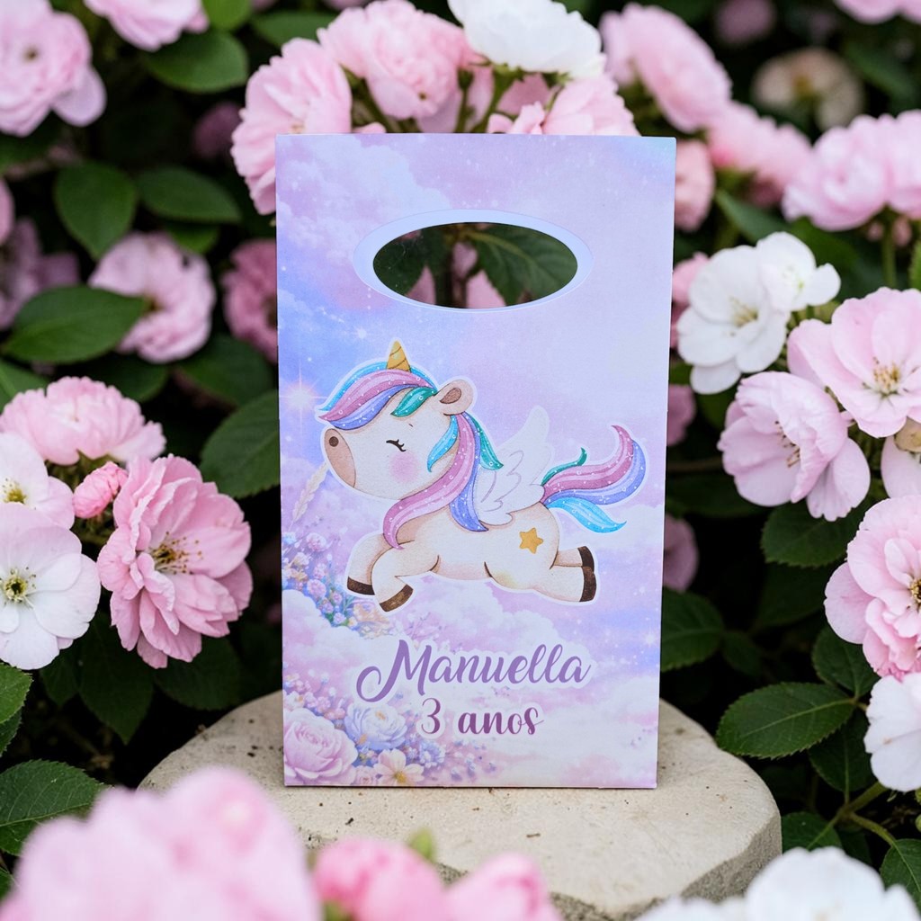 PEGUE E MONTE - Sacolinha Surpresa Personalizada UNICÓRNIO Aquarela - Lembrancinha para festa