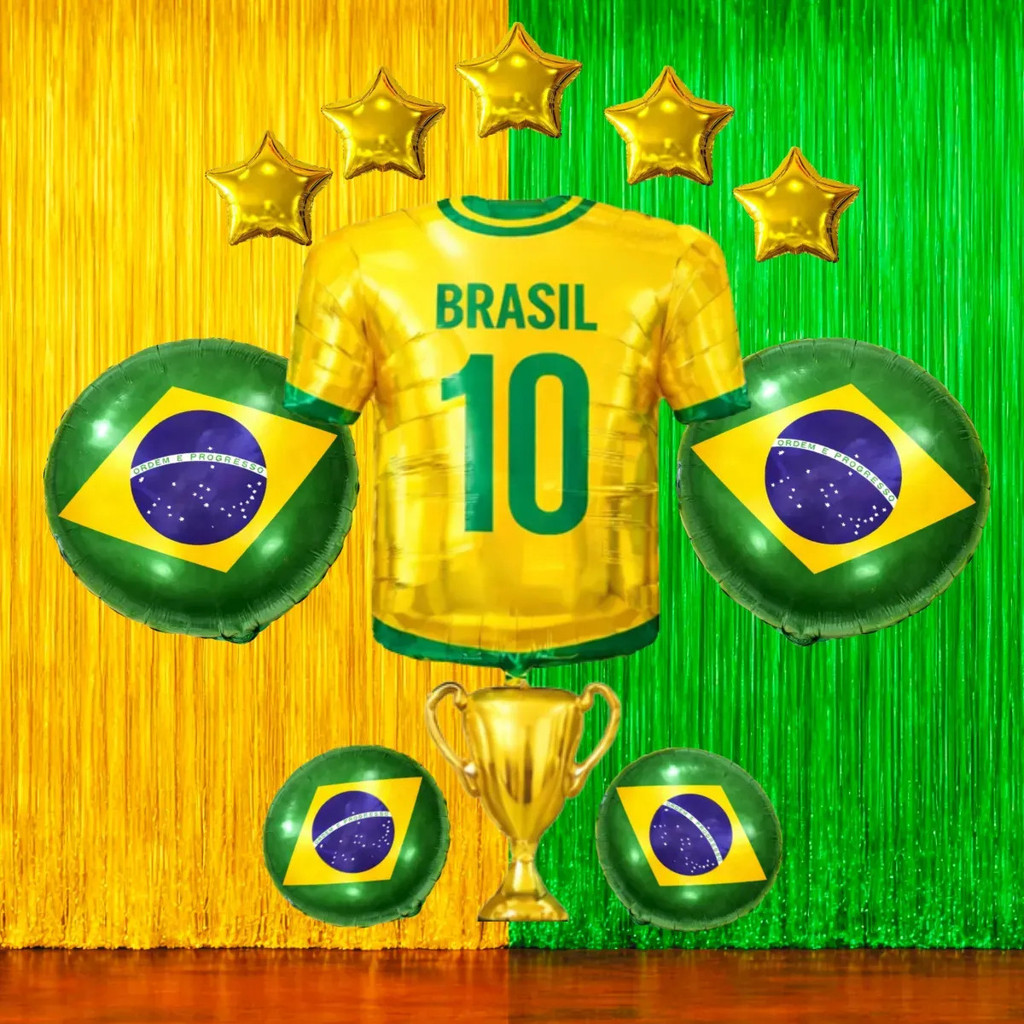 Kit Decoração Copa Do Mundo Cortina Metalizada Camisa Brasil Painel Verde Amarelo Balões Bandeira Do Brasil