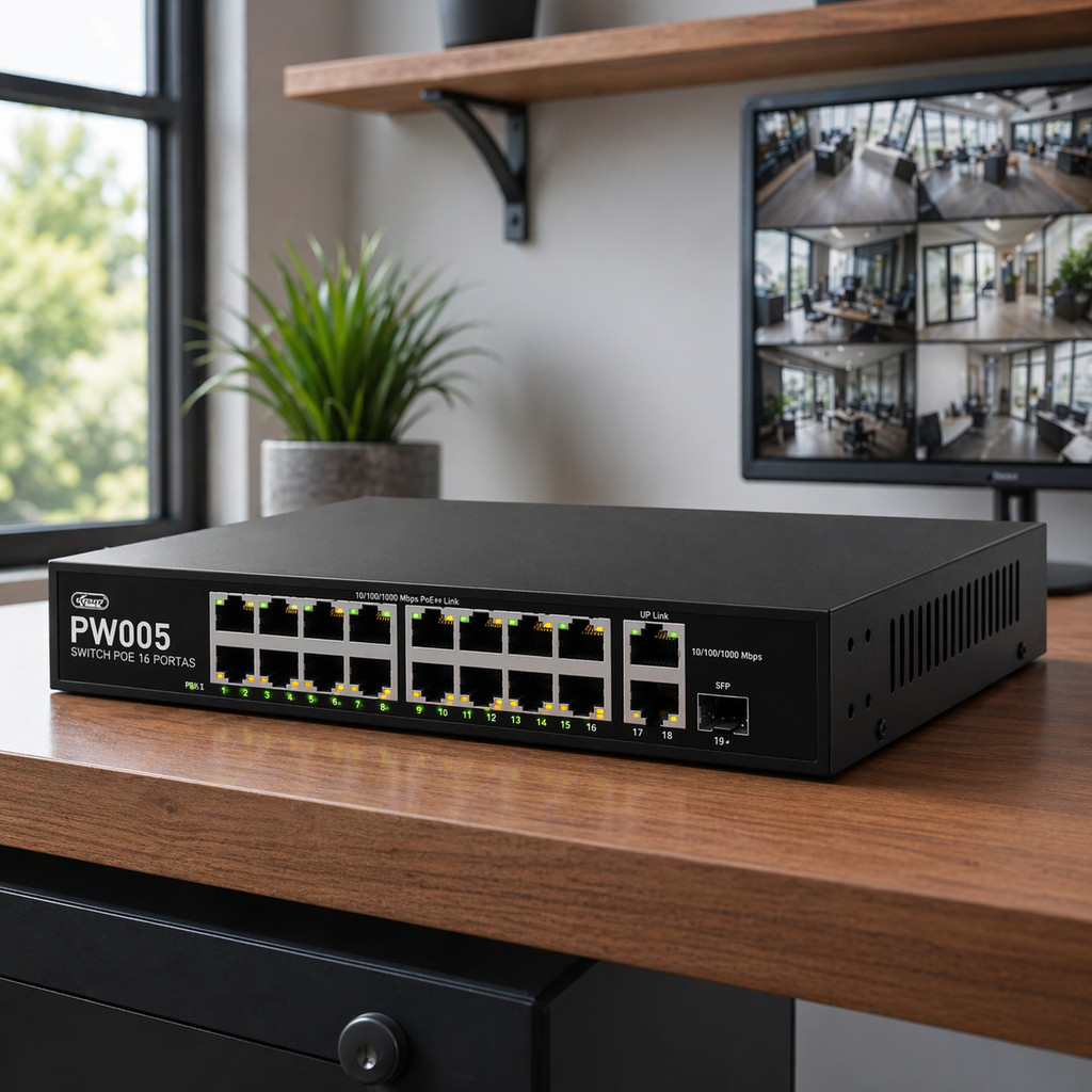 Switch PoE Gigabit 8 Portas 16 Portas RJ45 2 Uplink 1 SFP Rede CFTV Plug and Play