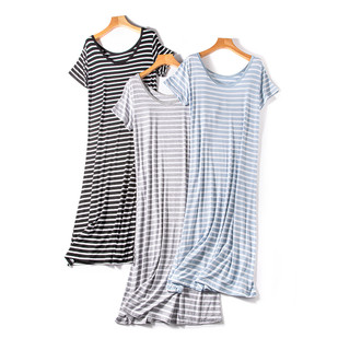 2025 estilo verão Modal listrado camisola simples fino em torno do pescoço Casual saia longa feminino tamanho grande sol