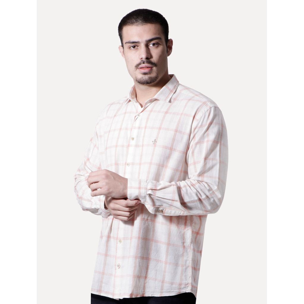 Camisa Dudalina Masculina Comfort Slub Cotton Xadrez Salmão Off-White