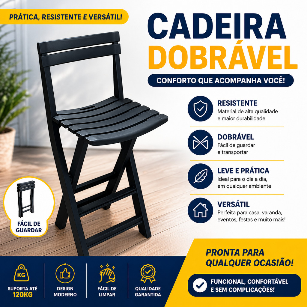 Cadeira  Bistro Alta Plástica Dobravél Jardim Festa Bar Restaurante