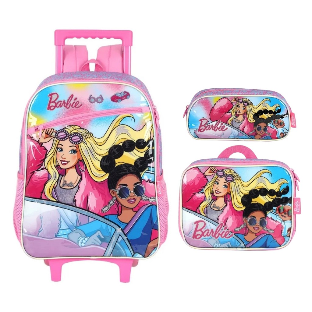 Kit Mochila de Carrinho Escolar Infantil + Lancheira Térmica + Estojo Luxcel Barbie