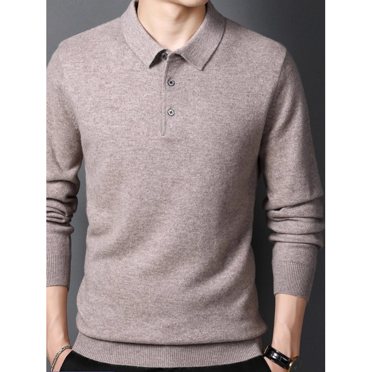 100% camisola pura camisola masculina pai Wear 2025 outono inverno novo estilo lapela meia-idade camisa Polo de fundo gr