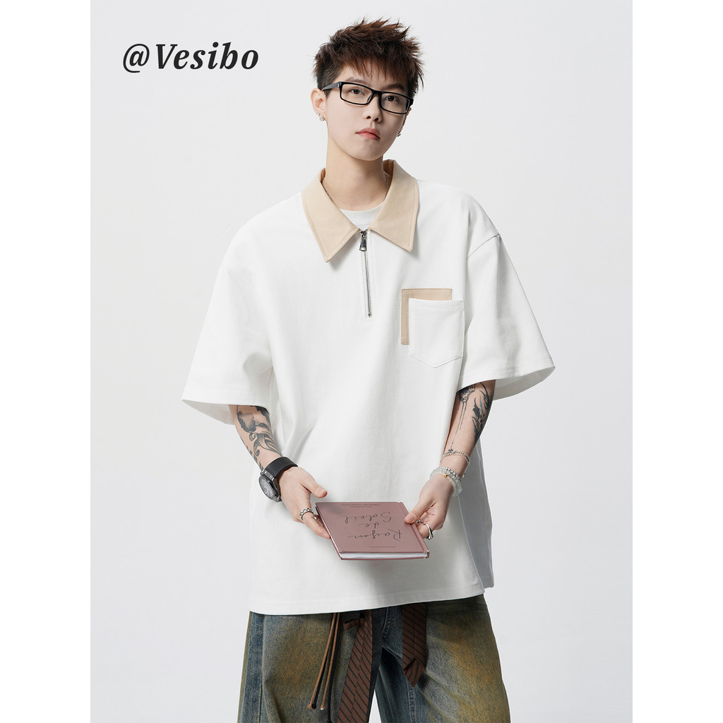 Estilo americano bolso Design sentido camisa POLO masculina verão High street contraste cor lapela camiseta street Wear 