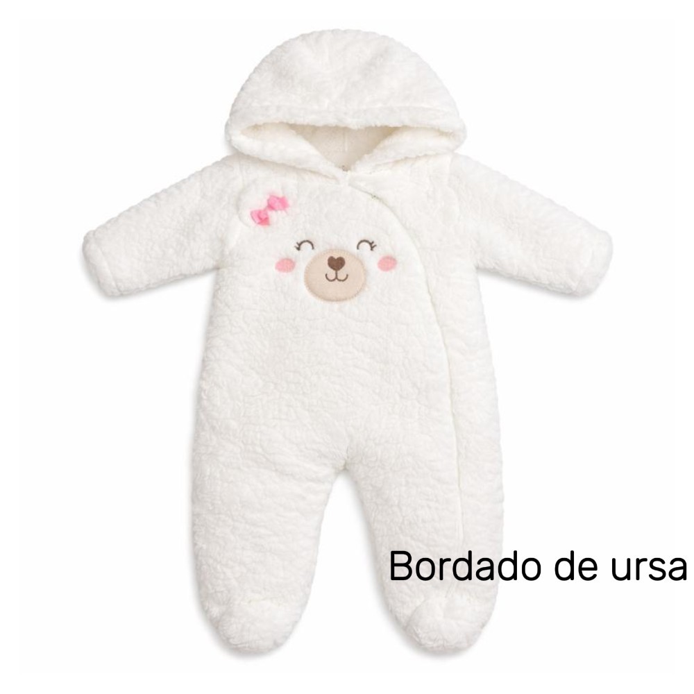 Macacão Longo Bebê Kiko Baby Pelo Bordado Ursa Com Capuz