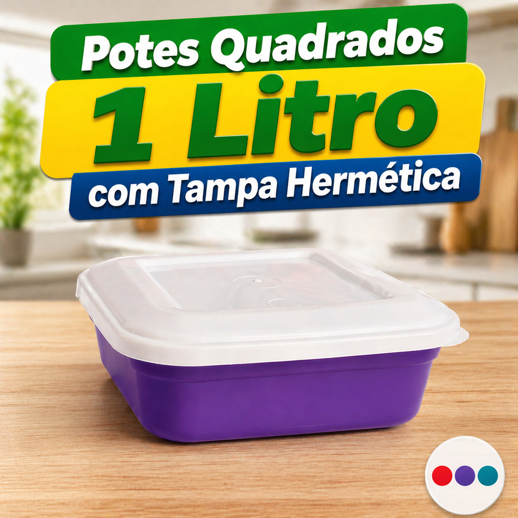 Pote Hermético 1L Quadrado Plástico Reforçado Alimentos Mantimentos Cozinha Geladeira Freezer Organizador