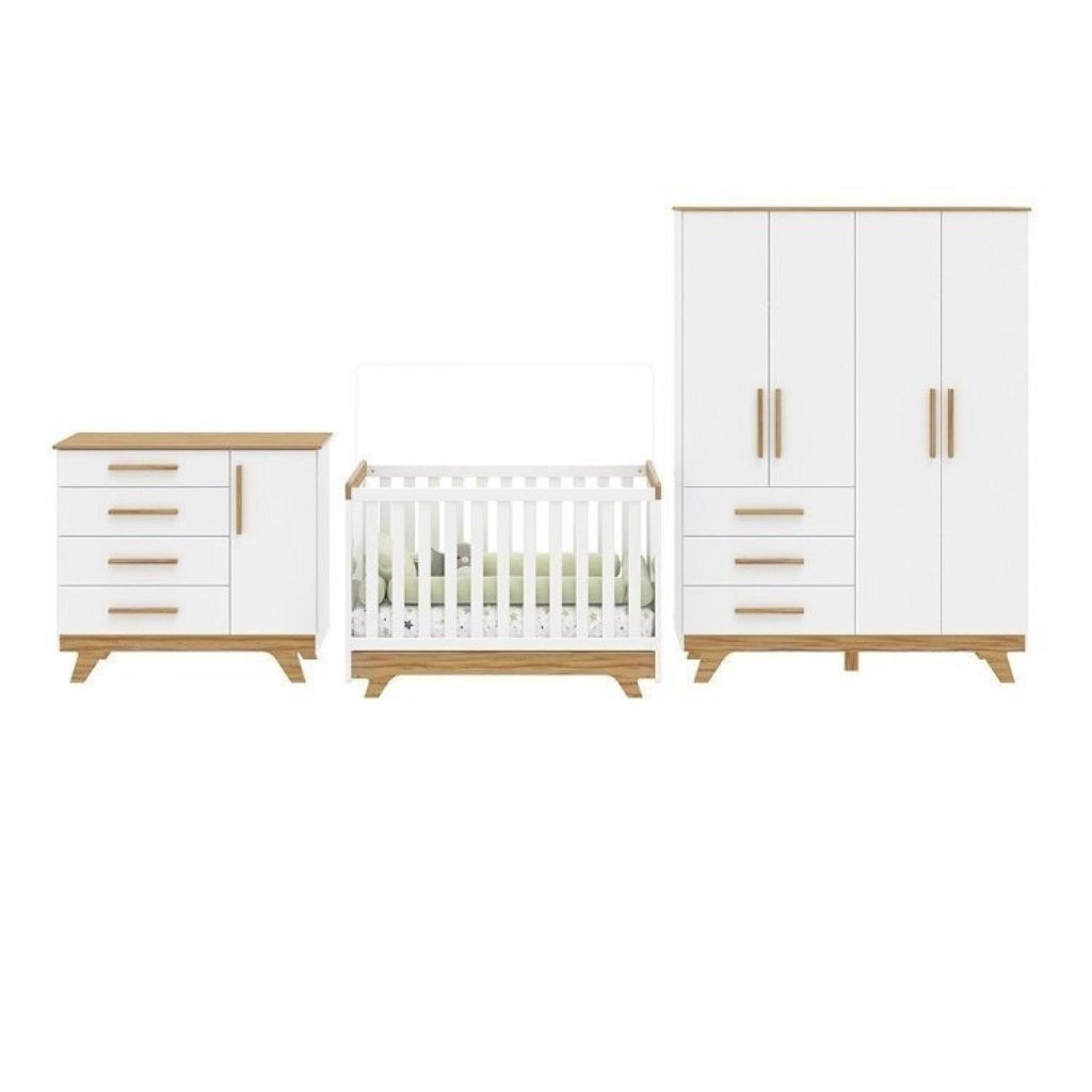 Quarto de Bebê Completo Berço 2 em 1, Cômoda e Guarda Roupa 100% MDF Kakau Yescasa Branco/Amêndoa Branco