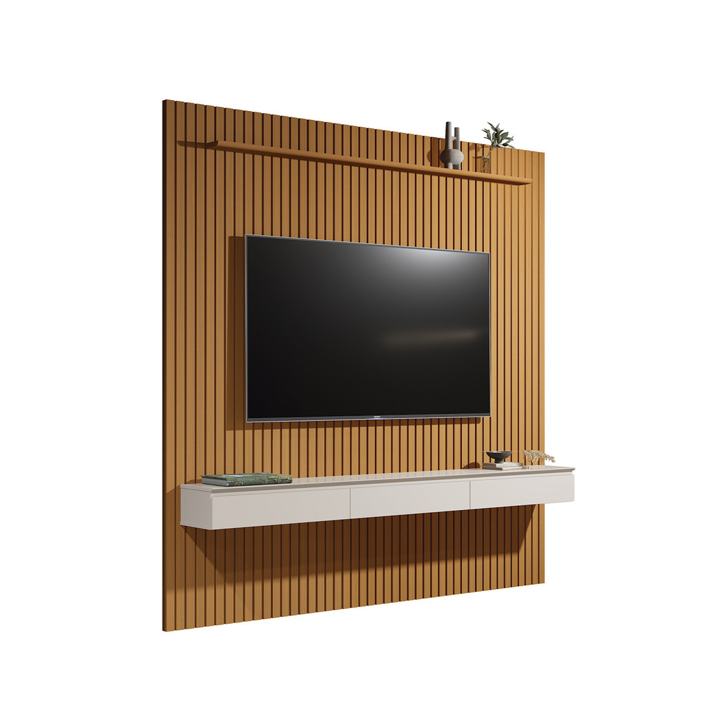 Rack Painel Home Suspenso Colorado 2.30  Para Tvs Até 75 Polegadas Com porta Arbo Cedro com Off White
